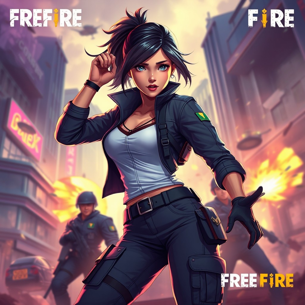 A striking digital illustration of Kelly, a character from Free Fire, in an exciting and dynamic pose