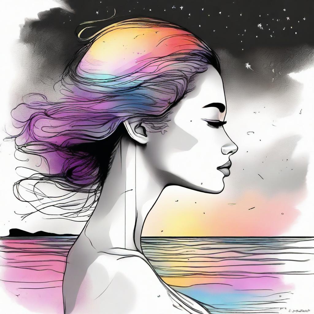 Sketch a side-profile woman with the colors of a sunset infused in her skin, set against a beach background. A scene of colliding galaxies transitions intriguingly from vibrant color to black and white.