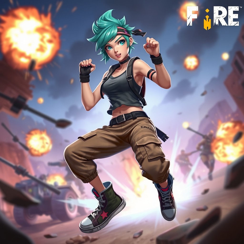 A digital artwork of Kelly, a character from the game Free Fire, showcasing her dynamic and energetic personality