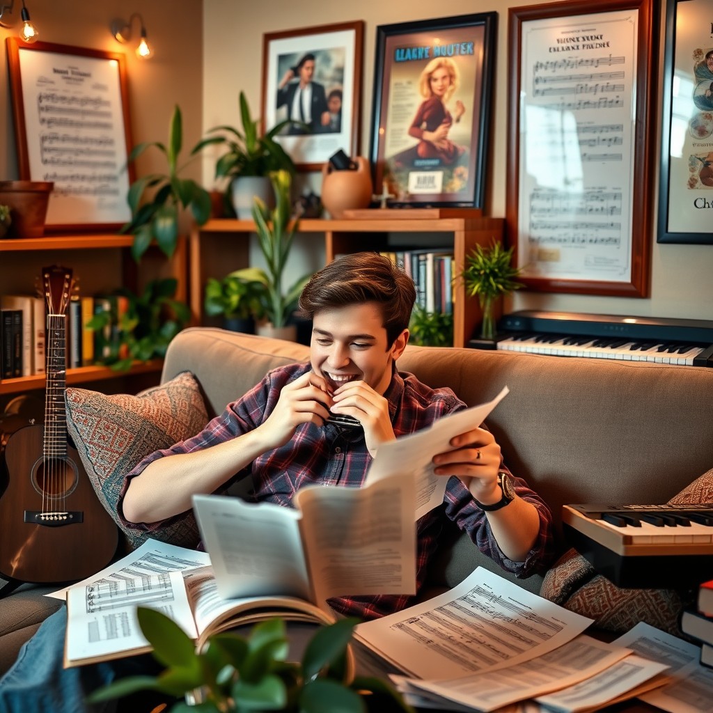 A vibrant and lively scene in a cozy living room where an adult is enthusiastically learning to play the harmonica