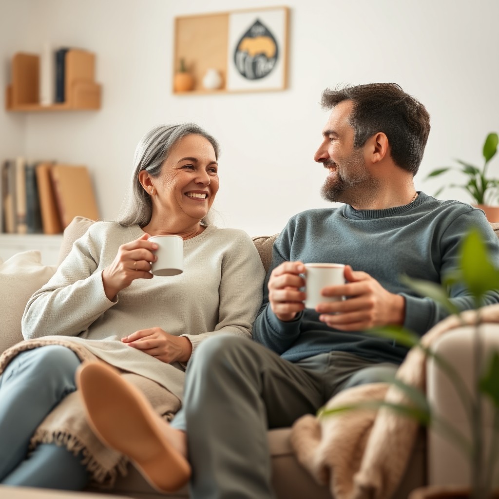 A heartwarming image of a family couple (a man and a woman, around 30 years old) in a cozy home setting