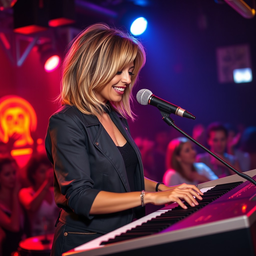 A charismatic 39-year-old woman named Dayna Wynter, with medium-length dirty blonde hair, skillfully playing keyboards on a vibrant nightclub stage
