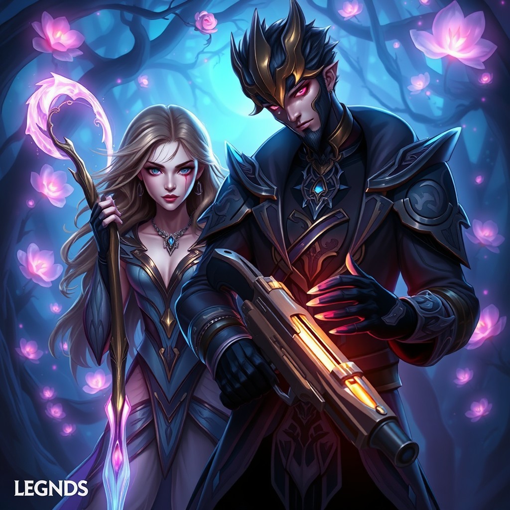 A dramatic fantasy scene featuring the characters Lux and Jhin from League of Legends