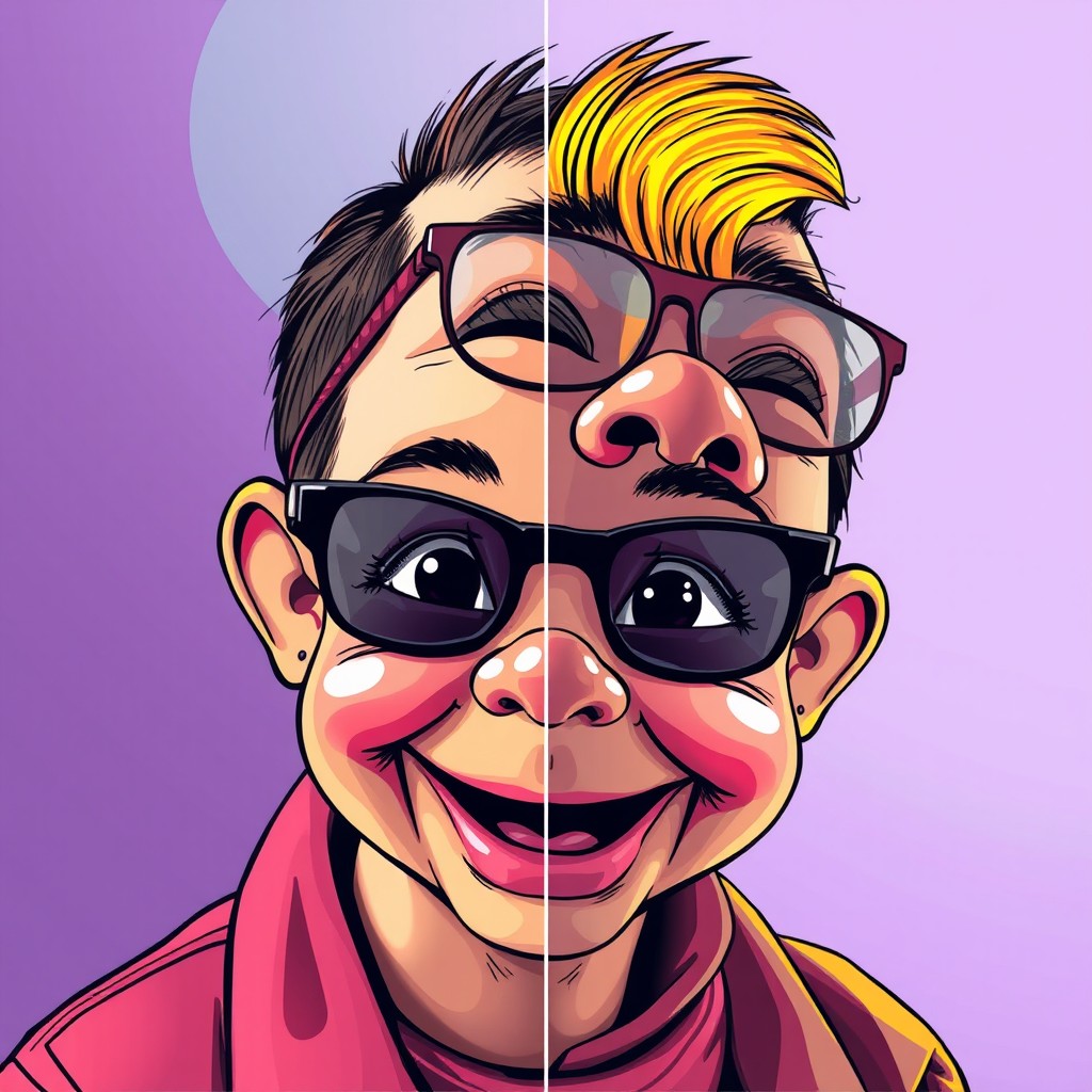 Transform a regular photograph into a vibrant and colorful illustration, featuring bold outlines and exaggerated features