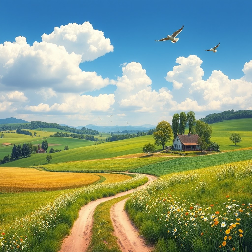 A picturesque rural landscape depicting a serene countryside scene, featuring rolling hills, vibrant green fields, and a quaint farmhouse surrounded by blooming wildflowers