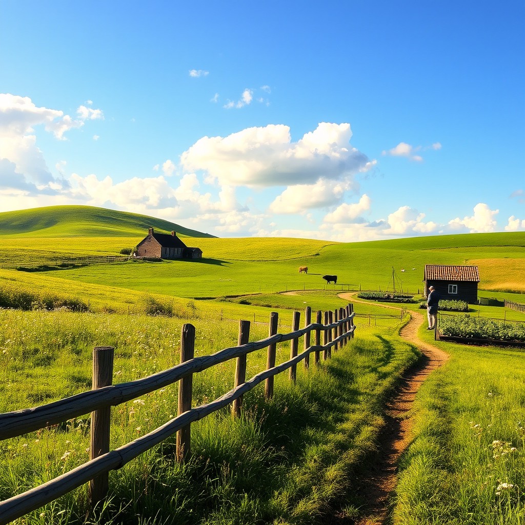 A picturesque landscape of a vibrant countryside, showing rolling green hills, a quaint farmhouse surrounded by wildflowers, and a clear blue sky with fluffy white clouds