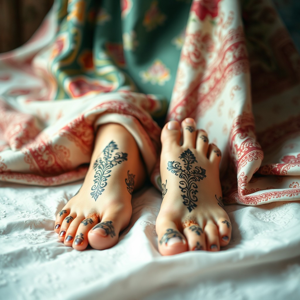 A soft and artistic close-up photograph of a pair of feet adorned with beautiful henna designs