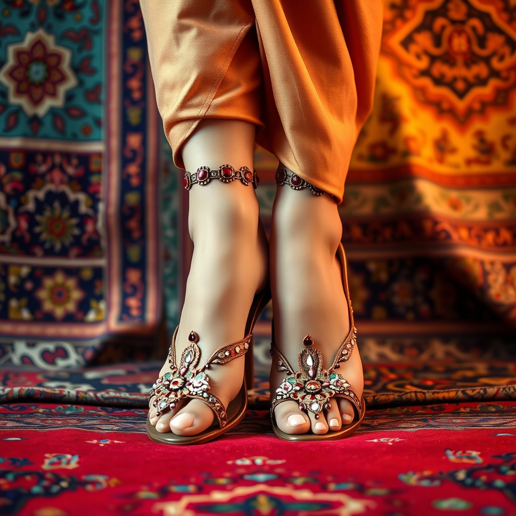 A beautiful composition featuring a close-up of elegantly adorned feet wearing stylish, ornate hijab-inspired footwear