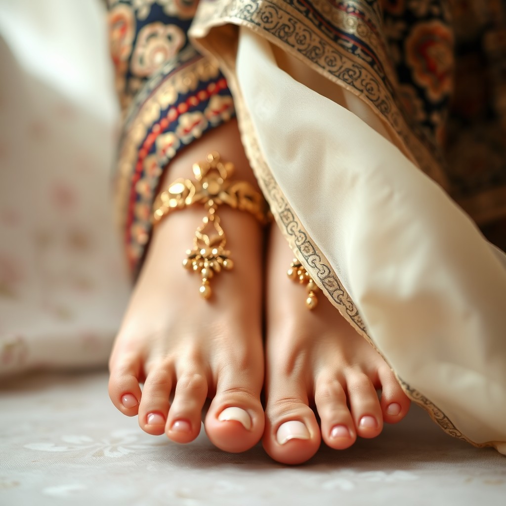 A graceful and elegant close-up of adorned feet wearing intricate, colorful traditional hijab patterns, set against a soft, blurred background with subtle floral motifs