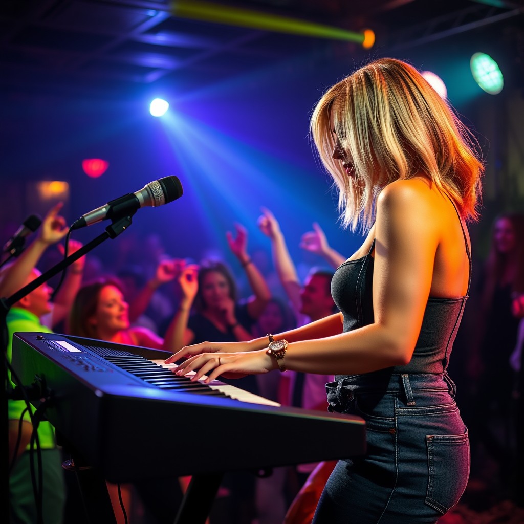 A vibrant scene featuring a 39-year-old attractive woman named Dayna Wynter, who has medium-length dirty blonde hair, playing keyboards on a lively nightclub stage