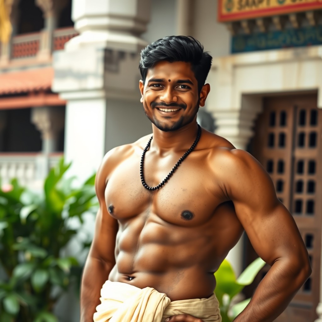 A South Indian man showcasing a well-built physique, wearing traditional attire