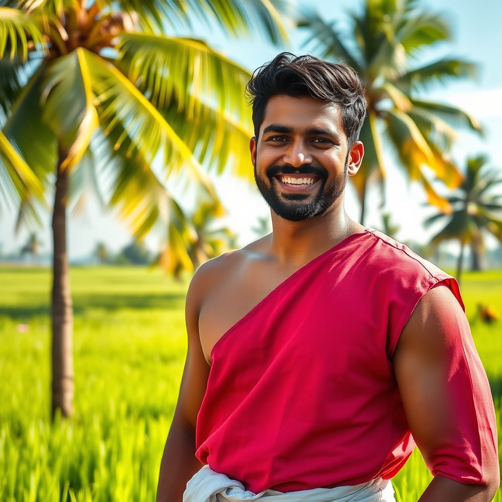 A South Indian man with an athletic physique, standing confidently with a warm smile
