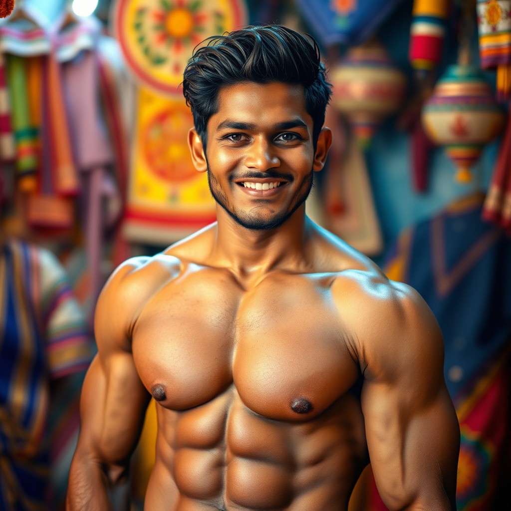 A South Indian man with a strong and athletic physique, showcasing defined muscles and a confident posture