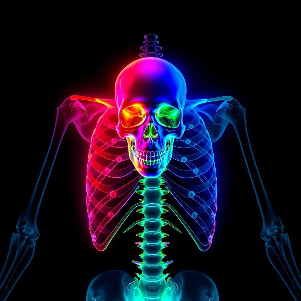 An artistic representation of an X-ray image featuring a human skeleton with vibrant colors highlighting different parts of the body