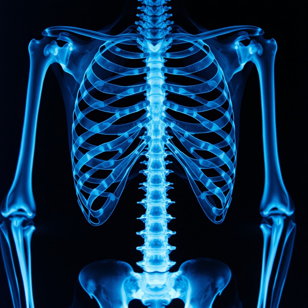 A detailed and artistic interpretation of an X-ray image showcasing a human skeleton