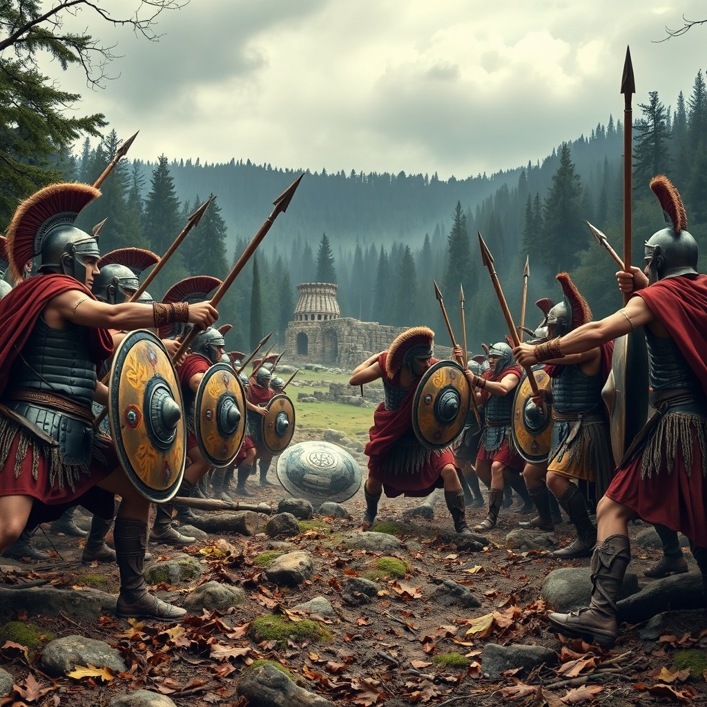A dramatic scene depicting Roman soldiers in battle against the Nordoc tribe, showcasing fierce combat