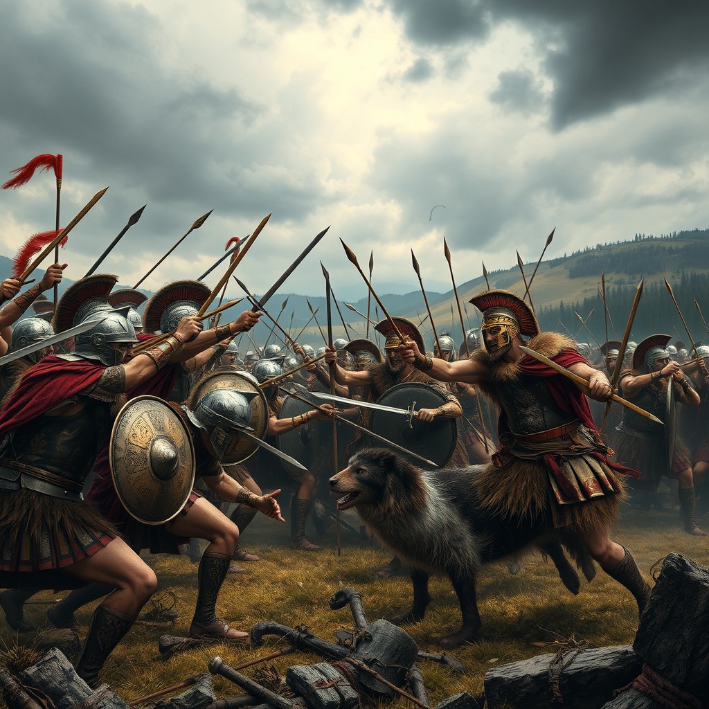 A dramatic battlefield scene depicting Roman soldiers in full armor, engaged in fierce combat with a Nordoc tribe