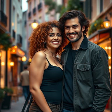 A busty Latina mature woman with vibrant curly hair, wearing a stylish outfit that accentuates her curves, standing next to her tall European boyfriend