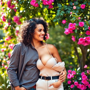 A busty Latina woman with beautiful curly hair, exuding confidence and charm, stands next to her European boyfriend who is noticeably taller, showcasing their affectionate connection