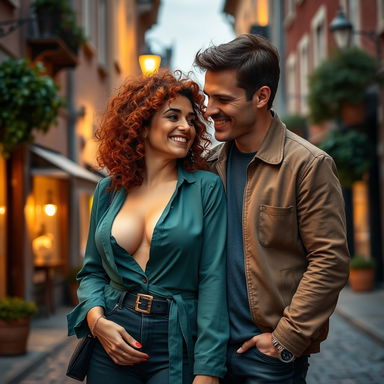 A busty Latina mature woman with vibrant curly hair, wearing a stylish outfit that accentuates her curves, standing next to her tall European boyfriend