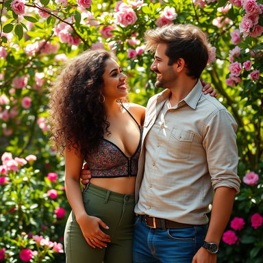 A busty Latina woman with beautiful curly hair, exuding confidence and charm, stands next to her European boyfriend who is noticeably taller, showcasing their affectionate connection