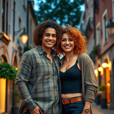 A busty Latina mature woman with vibrant curly hair, wearing a stylish outfit that accentuates her curves, standing next to her tall European boyfriend