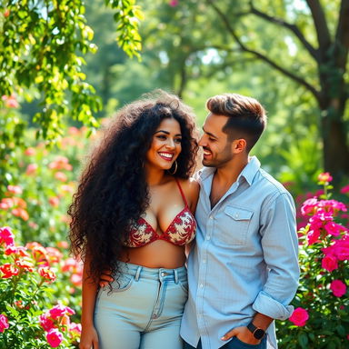 A busty Latina woman with beautiful curly hair, exuding confidence and charm, stands next to her European boyfriend who is noticeably taller, showcasing their affectionate connection