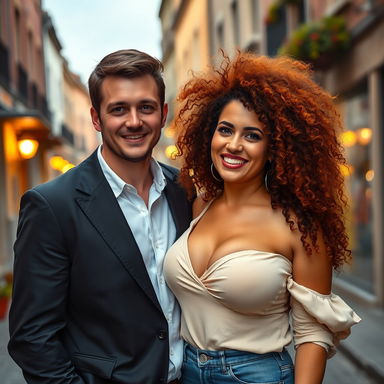 A busty Latina mature woman with vibrant curly hair, wearing a stylish outfit that accentuates her curves, standing next to her tall European boyfriend