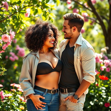A busty Latina woman with beautiful curly hair, exuding confidence and charm, stands next to her European boyfriend who is noticeably taller, showcasing their affectionate connection