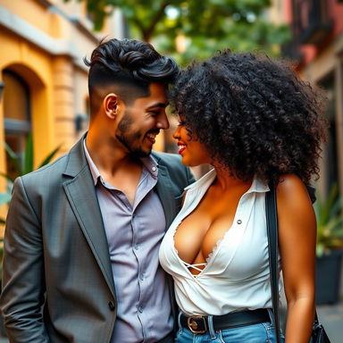 A beautiful, busty Latina woman with curly hair, exuding confidence and charisma, stands close to her tall European boyfriend