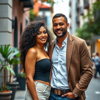 A beautiful, busty Latina woman with curly hair, exuding confidence and charisma, stands close to her tall European boyfriend