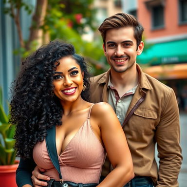 A beautiful, busty Latina woman with curly hair, exuding confidence and charisma, stands close to her tall European boyfriend