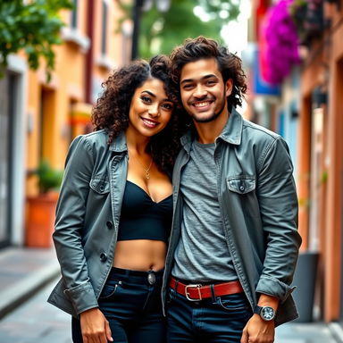A beautiful, busty Latina woman with curly hair, exuding confidence and charisma, stands close to her tall European boyfriend