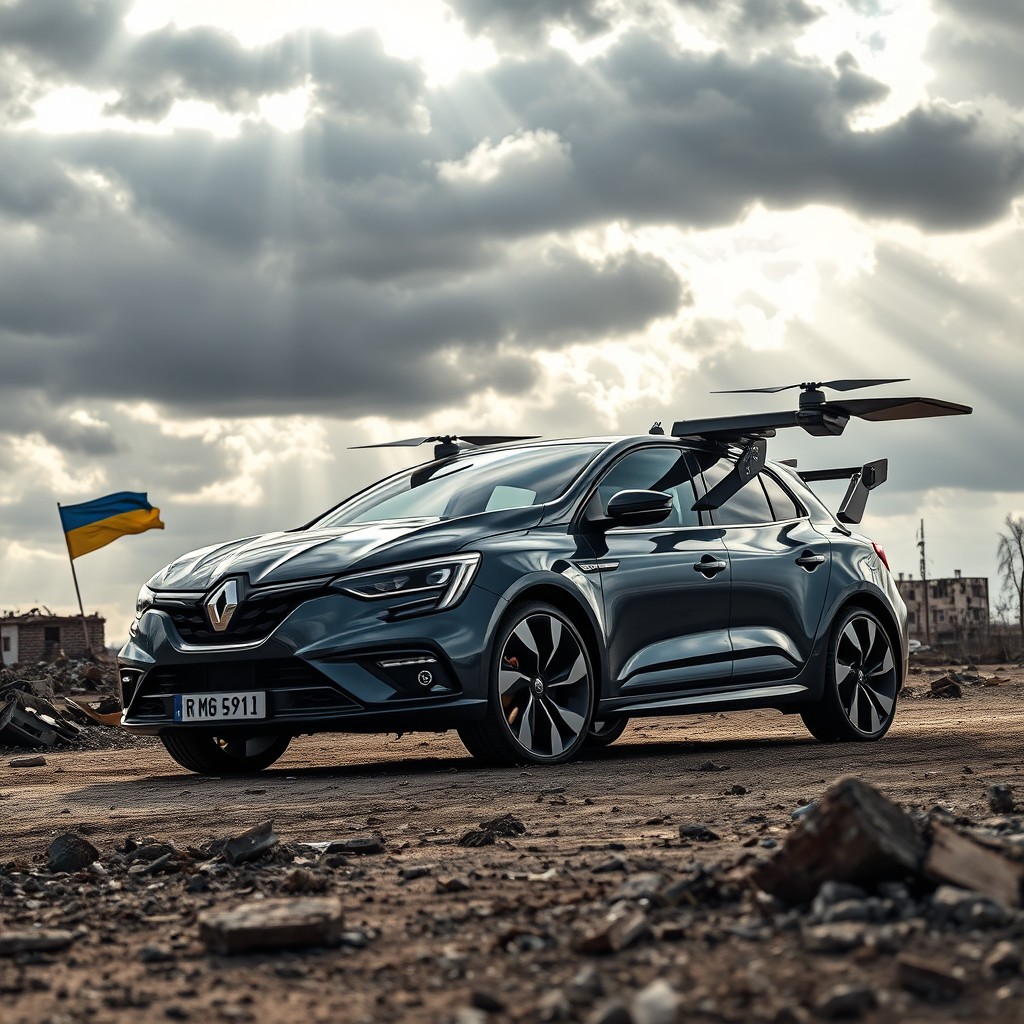 A futuristic scene showcasing a Renault Megane car modified with advanced drone technology, set against a backdrop of a war-torn Ukrainian landscape