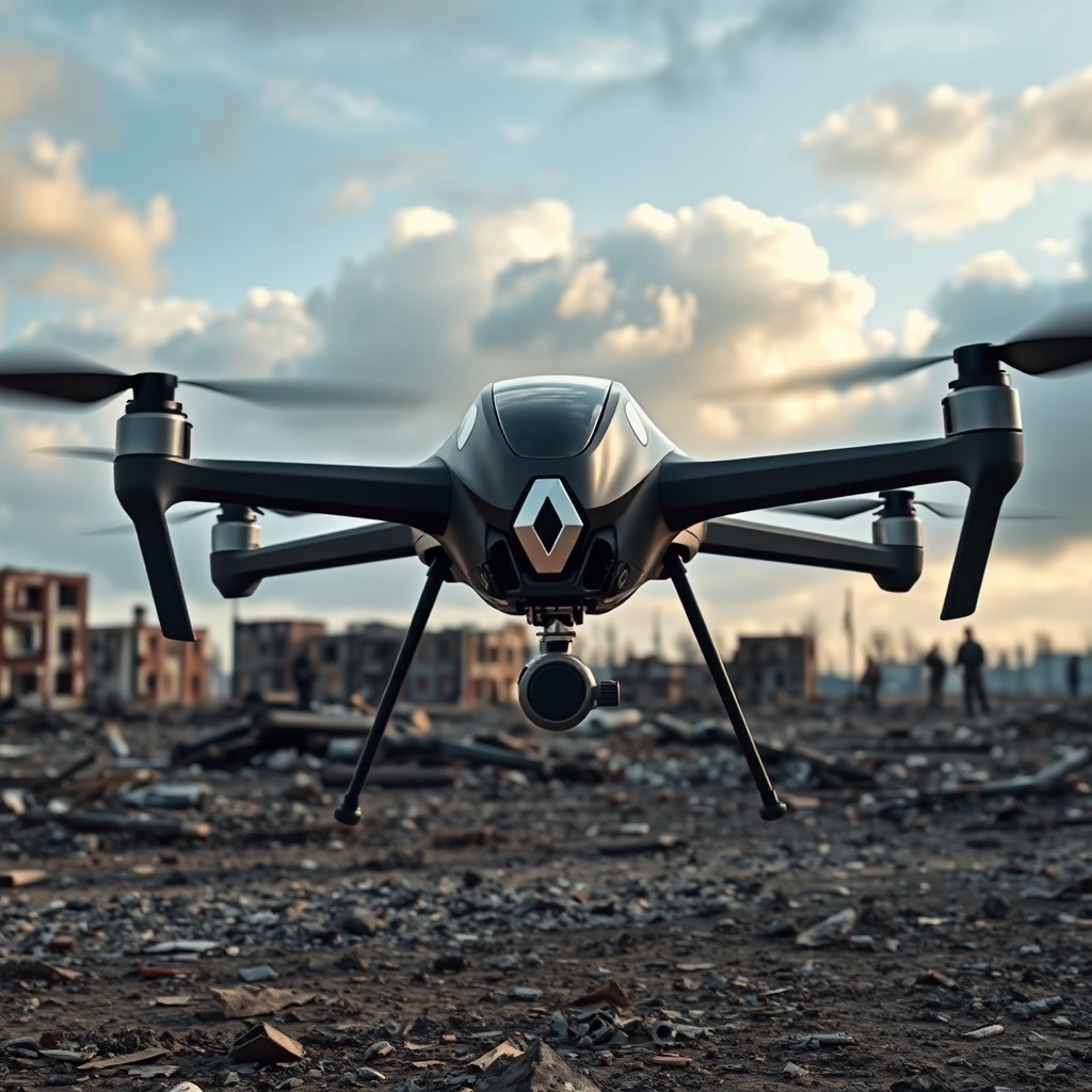 A striking image of a Renault Megan drone in a war-torn landscape, specifically set in Ukraine