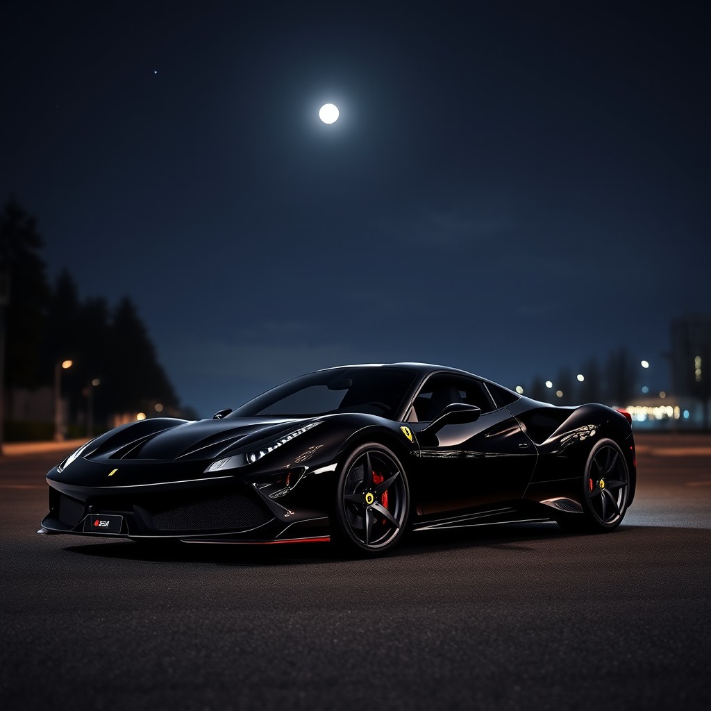 A sleek black Ferrari 488 Pista parked under a starry night sky, illuminated by soft moonlight