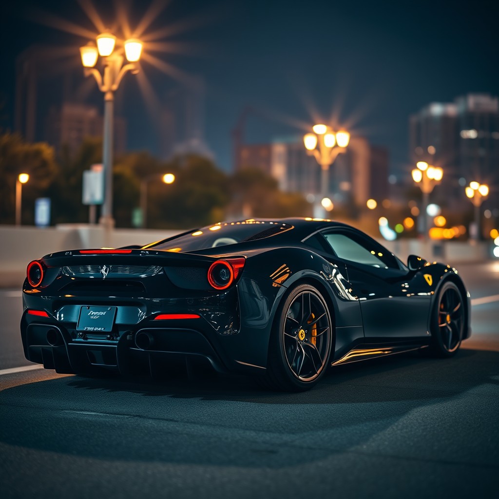 A sleek black Ferrari 488 Pista parked under soft streetlights at night