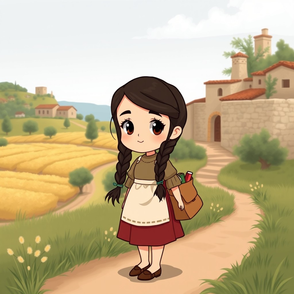 A charming cartoon girl named Zeina in the style of classic anime like Heidi or Princess Sarah (Sally)