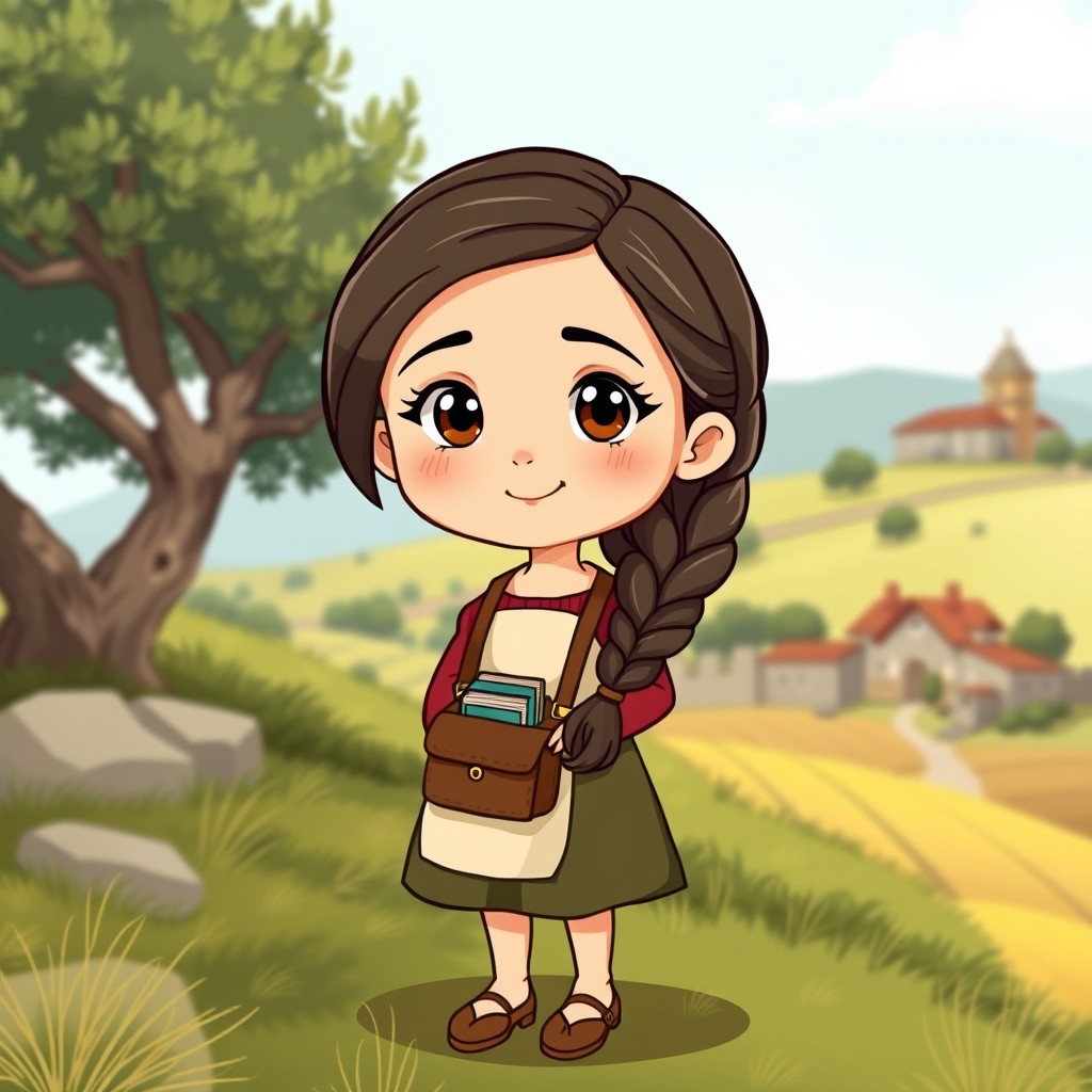 A charming cartoon girl named Zeina, inspired by classic anime like Heidi or Princess Sarah