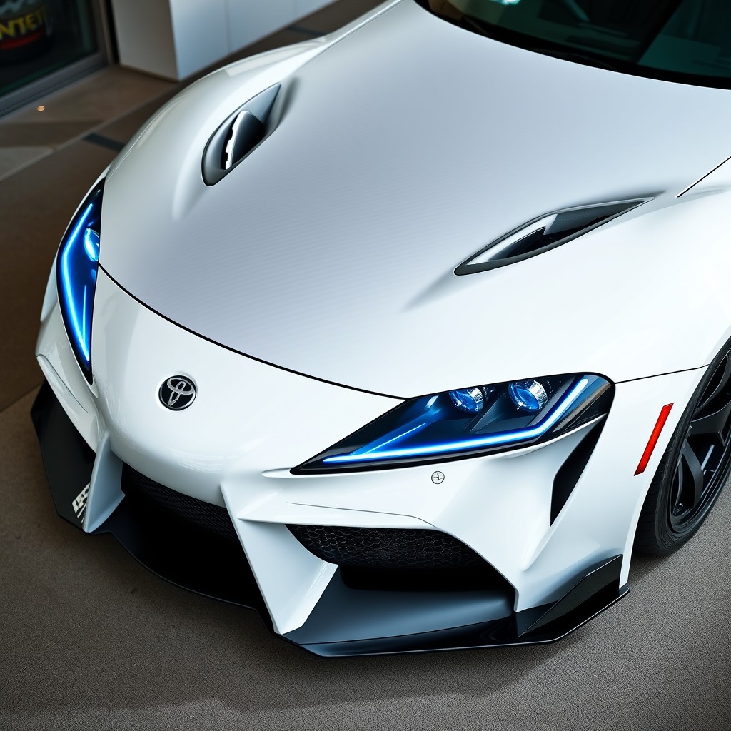 A stunning Toyota Supra MK4 (A80) in a bright white color, featuring a carbon fiber hood with a subtle visible texture that reflects light softly, showcasing a matte finish that contrasts beautifully with the glossy body