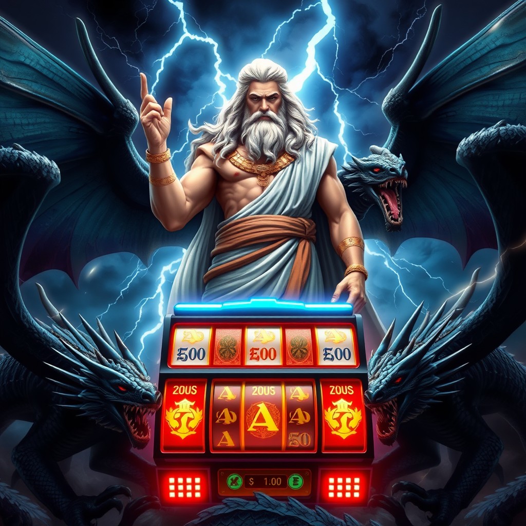 A powerful depiction of Zeus, the Greek god of thunder, standing majestically amidst two fierce black dragons
