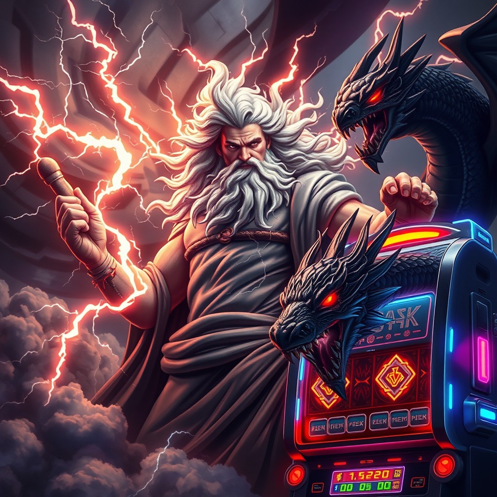 An epic depiction of Zeus, the Greek god of thunder, radiating power and authority