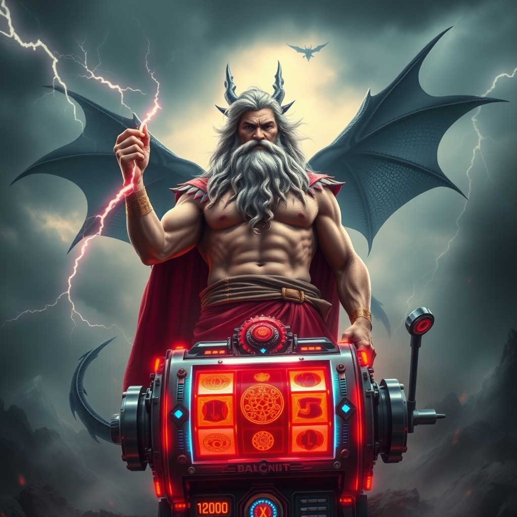 An epic scene featuring Zeus, the Greek god of thunder, depicted with a powerful aura, long flowing hair, and a majestic beard