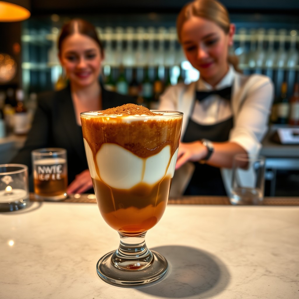 A beautifully crafted cocktail called 'Lawyer's Kiss' featuring layers of dark rum, cream, coffee liqueur, and caramel syrup