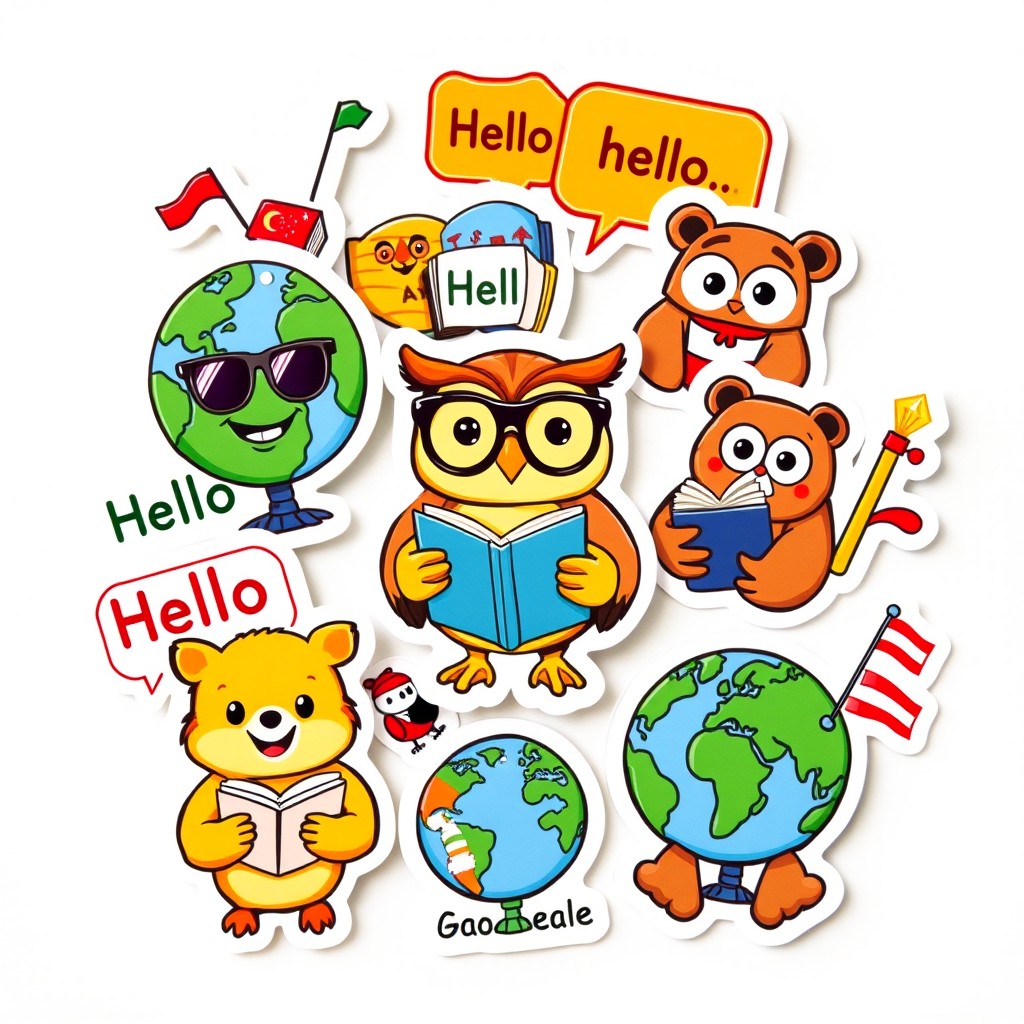 A colorful sticker pack designed for a language school featuring various themes around language learning