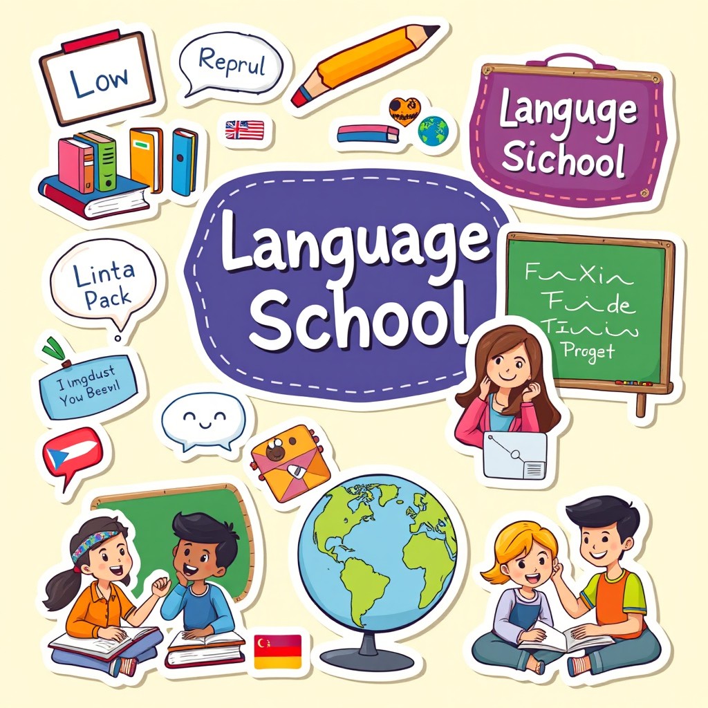 A vibrant and playful sticker pack design for a language school, featuring colorful illustrations of language-related items such as books, speech bubbles with greetings in different languages, a globe, a pencil, and a chalkboard
