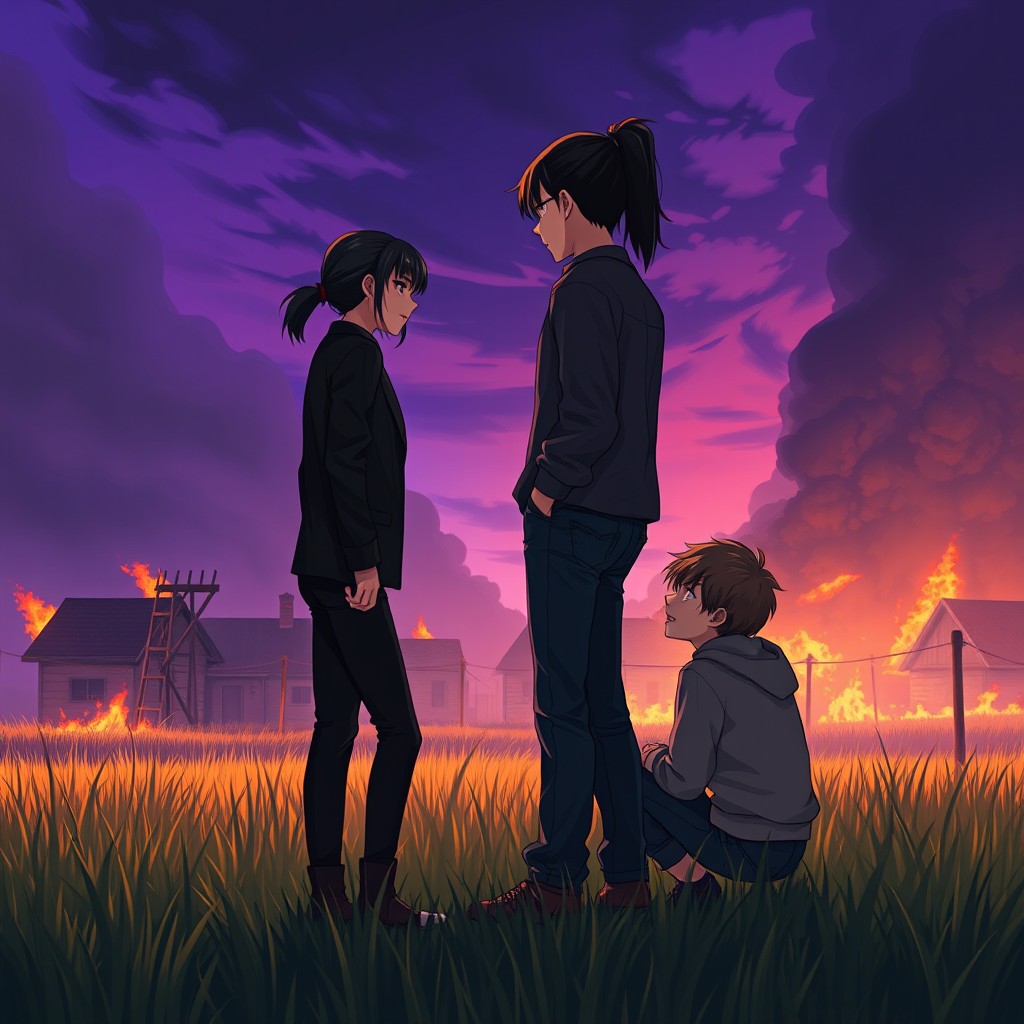In a dramatic anime-style scene, a teenage girl stands upright in a grassy clearing, facing a boy who is sitting on the ground in emotional distress