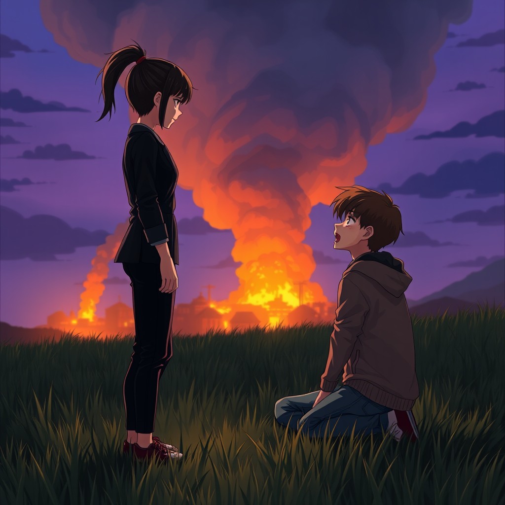 Anime-style dramatic scene at dusk featuring a teenage girl standing upright in a grassy clearing, facing a boy sitting on the ground in emotional distress