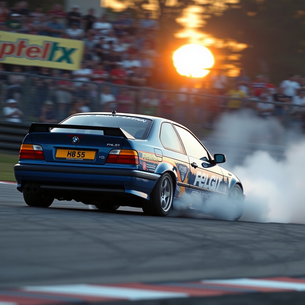 A BMW E36 performing a thrilling drift on a racetrack, with smoke billowing from the rear tires as it powers through a tight corner