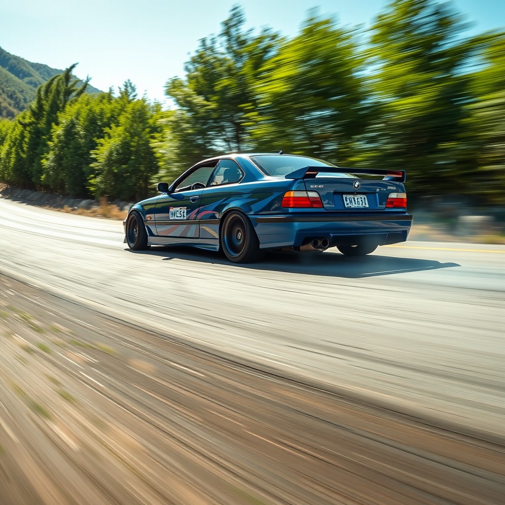 A sleek BMW E36 performing a dynamic drift on a winding mountain road